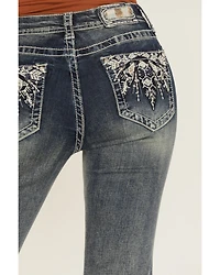 Grace LA Women's Medium Wash Floral Embroidered Mid Rise Bootcut Stretch Denim Jeans