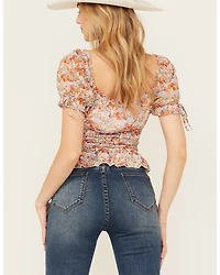 Ash & Violet Women's Short Sleeve Floral Smocked Crop Top
