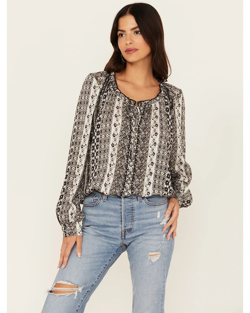 Wild Moss Women's Lurex Striped Long Sleeve Peasant Top
