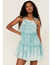Rock & Roll Denim Women's Eyelet Halter Ruffle Mini Dress