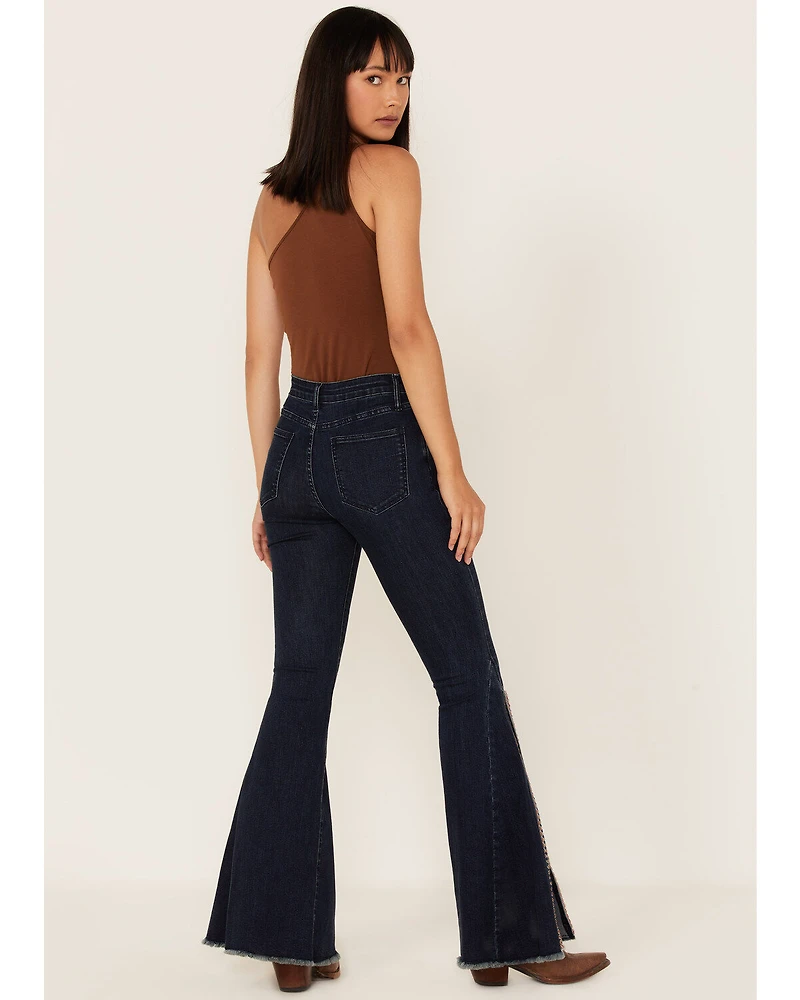 Saints & Hearts Women's Dark Wash High Rise Embroidered Slit Flare Jeans