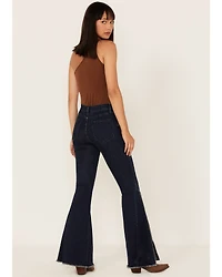 Saints & Hearts Women's Dark Wash High Rise Embroidered Slit Flare Jeans
