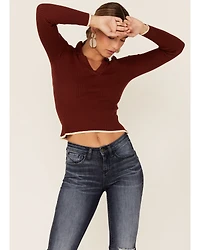 Shyanne Women's Chocolate Collared Ribbed Top