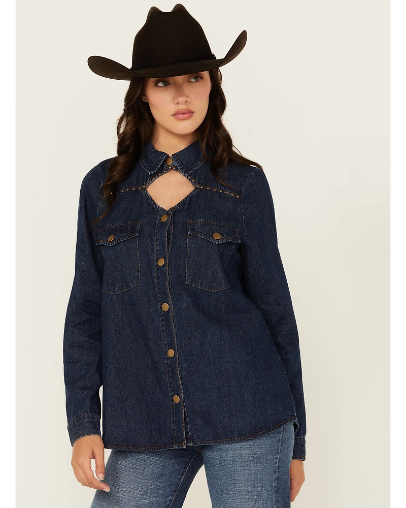 Blue B Women's Dark Wash Studded Keyhole Long Sleeve Snap Denim Shirt