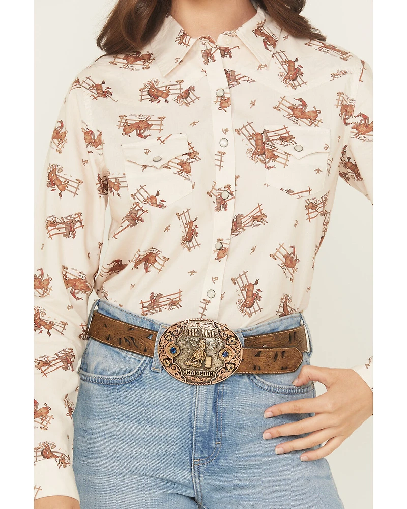 Cruel Girl Women's Horse Rider Conversational Print Long Sleeve Snap Western Shirt