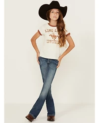 Grace LA Girls' Dark Wash Geo Print Pocket Stretch Bootcut Jeans