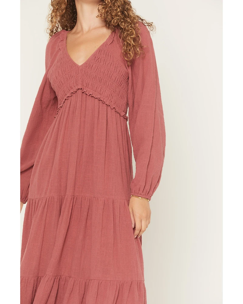 Yura Women's Long Sleeve Smocked Tiered Midi Dress