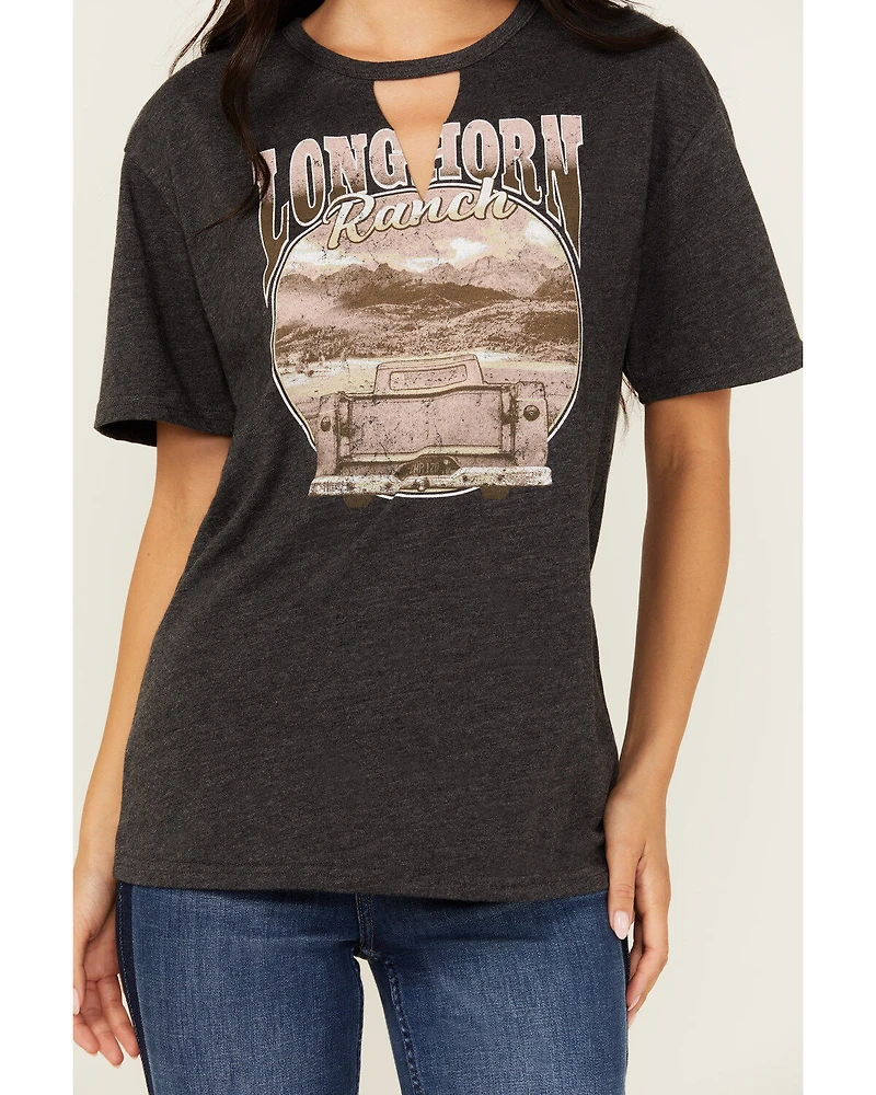 Youth Revolt Women's Cutout Neck Long Horn Ranch Graphic Tee