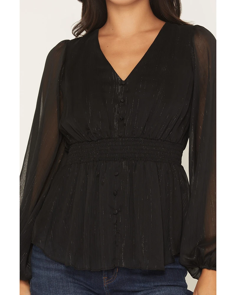 Shyanne Women's Pratt Faux Button-Down Long Sleeve Lurex Top