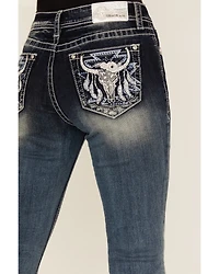 Grace LA Women's Medium Wash Steerhead Embroidered Mid Rise Bootcut Stretch Denim Jeans