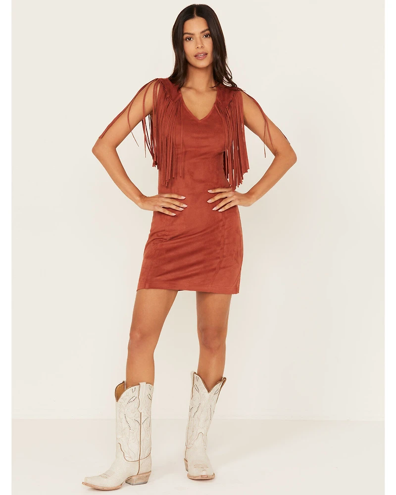 Idyllwind Women's Lady Bird Faux Suede Fringe Muscle Sleeve Mini Dress