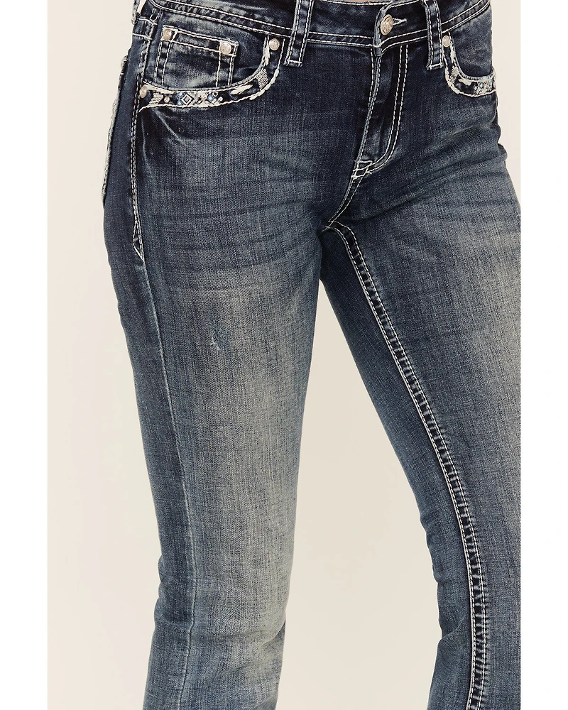 Grace LA Women's Medium Wash Sequin Longhorn Pocket Mid Rise Bootcut Stretch Denim Jeans
