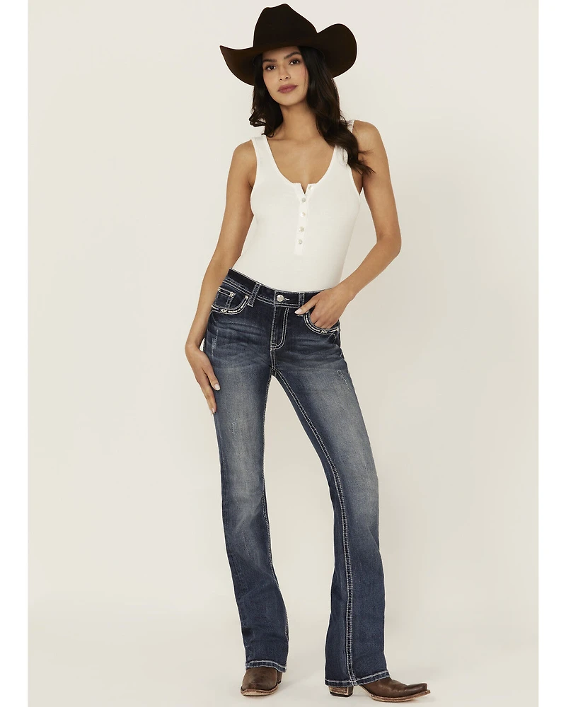 Grace LA Women's Medium Wash Mid Rise Geo Pocket Bootcut Stretch Denim Jeans