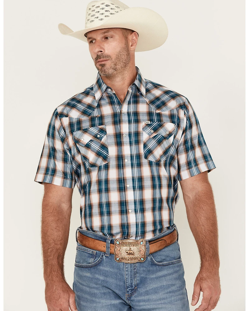 Ely Walker Men's Plaid Print Short Sleeve Snap Stretch Western Shirt