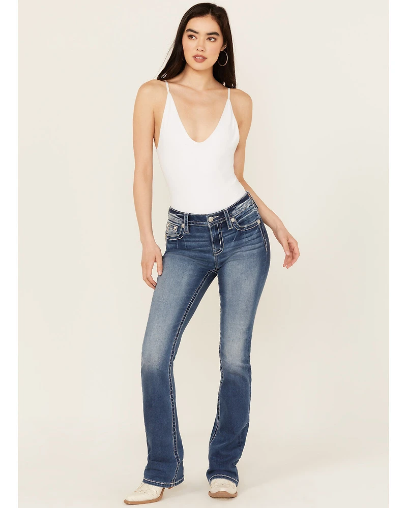 Miss Me Women's Dark Wash Mid Rise Faux Flap Pocket 34" Bootcut Stretch Denim Jeans