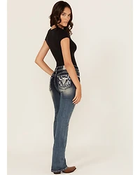 Grace LA Women's Medium Wash Steerhead Embroidered Mid Rise Bootcut Stretch Denim Jeans