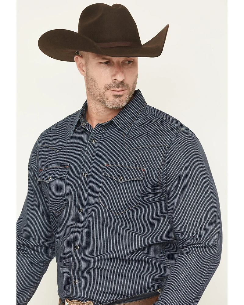Blue Ranchwear Men's Dark Wash Railroad Striped Print Long Sleeve Snap Western Shirt