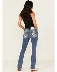 Miss Me Women's Medium Wash Slim Fit Fleur de Lis Pocket 32" Bootcut Stretch Denim Jeans