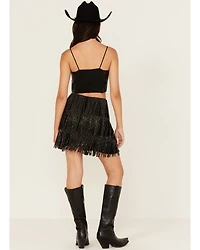 Fornia Women's Rhinestone Fringe Faux Suede Mini Skirt