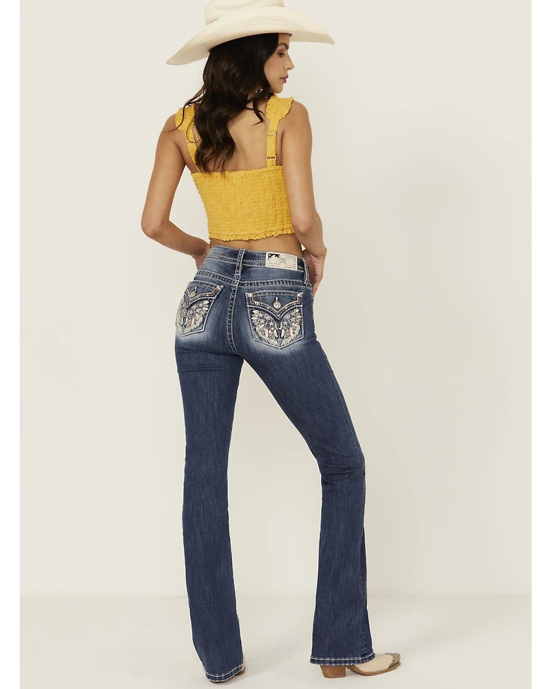 Miss Me Women's Medium Wash Americana Pocket 34" Bootcut Stretch Denim Jeans