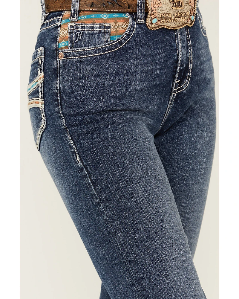 Hooey by Rock & Roll Denim Women's Medium Wash High Rise Southwestern Print Stretch Bootcut Jeans