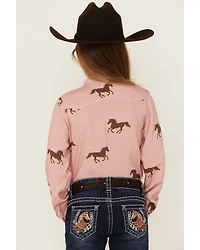 Roper Girls' Running Horse Print Long Sleeve Snap Western Shirt