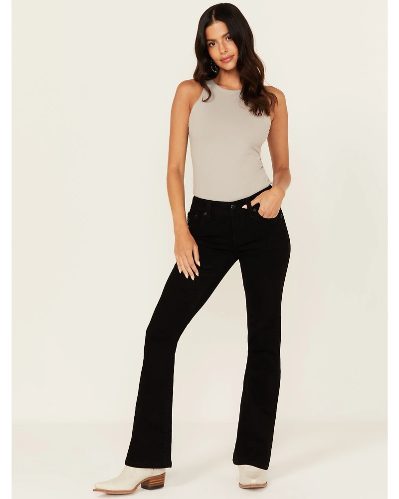 Miss Me Women's Mid Rise Cross Pocket 32" Bootcut Stretch Denim Jeans