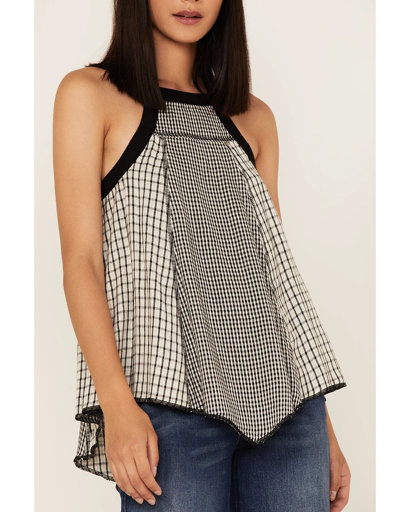 Cleo + Wolf Women's Grid Print Hanky Hem Halter Top