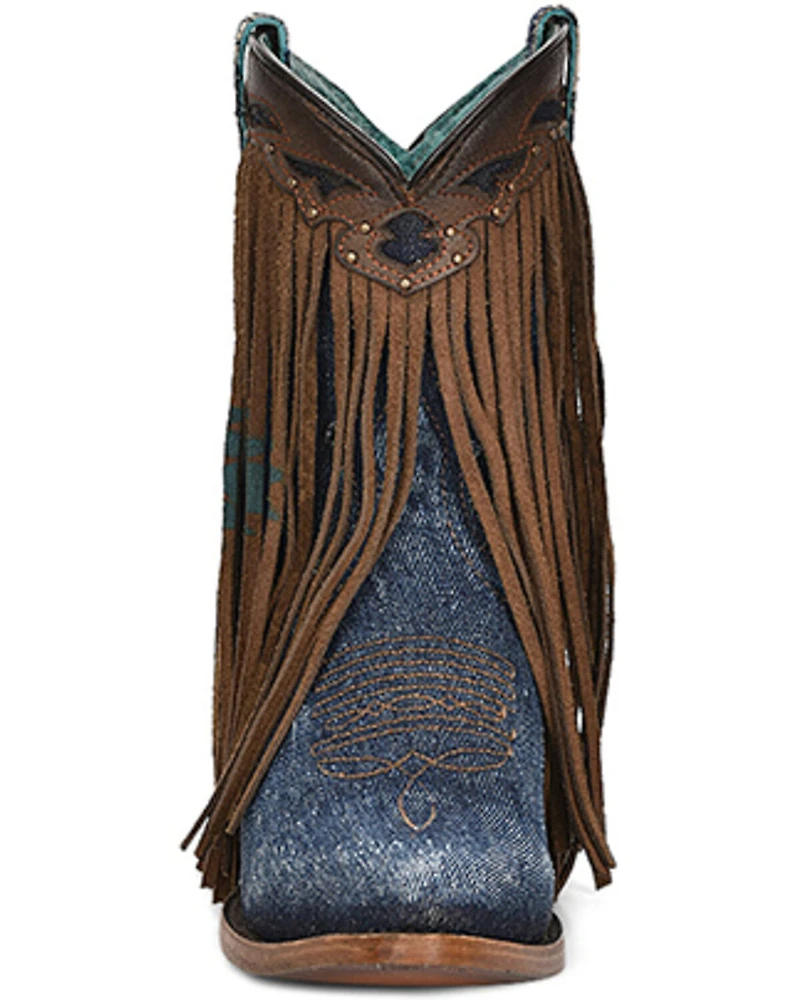 Corral Women's Denim Overlay Fringe Ankle Booties - Snip Toe