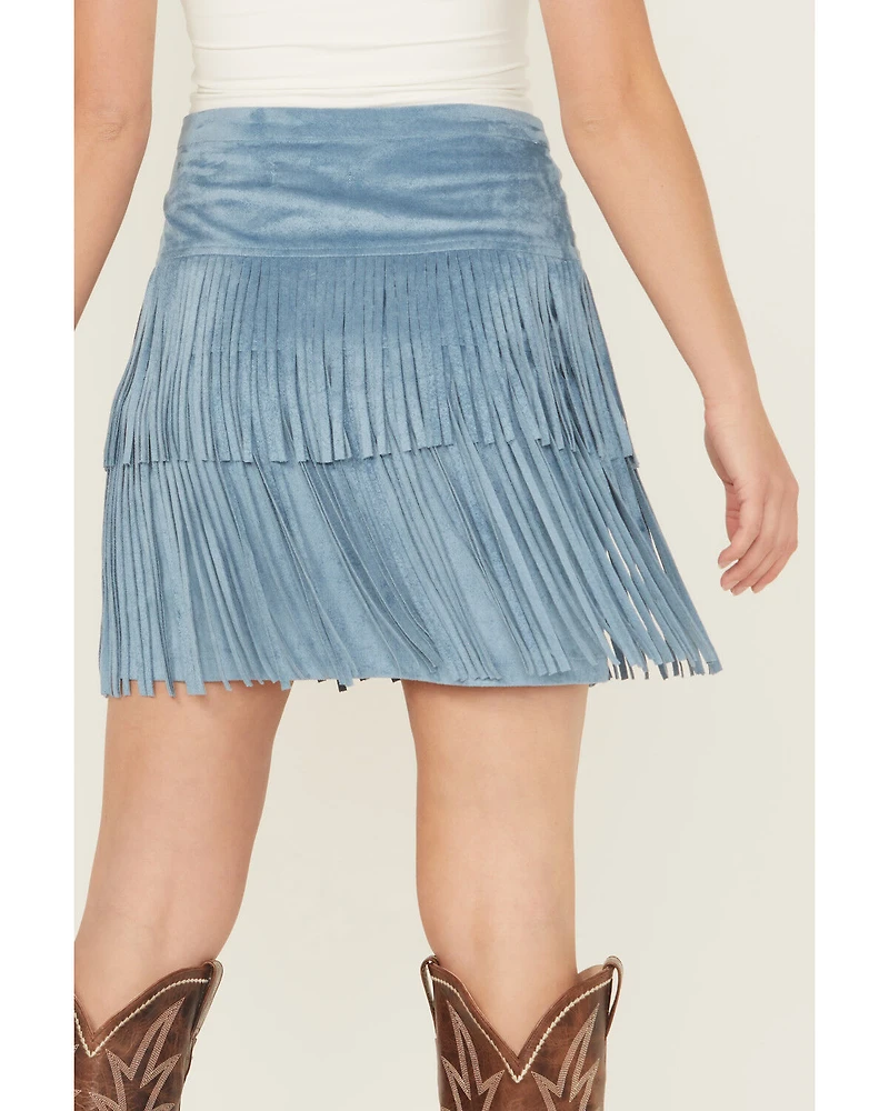 Rock & Roll Denim Women's Embellished Faux Suede Fringe Mini Skirt