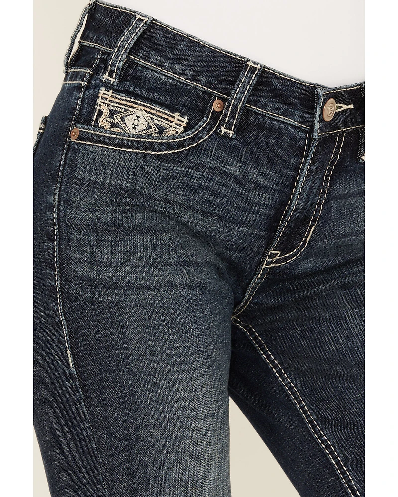 Rock & Roll Denim Women's Dark Wash Mid Rise Scallop Embroidered Bootcut Stretch Jeans