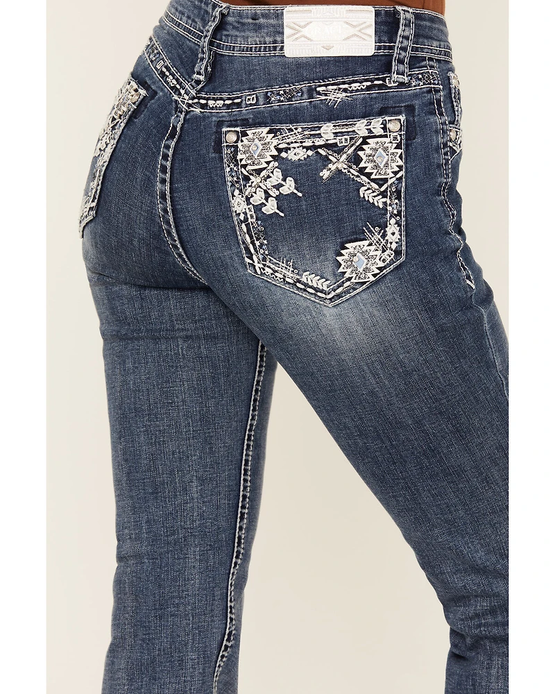 Grace LA Women's Medium Wash Geo Print Embroidered Mid Rise Bootcut Stretch Denim Jeans