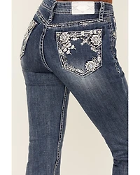 Grace LA Women's Medium Wash Geo Print Embroidered Mid Rise Bootcut Stretch Denim Jeans