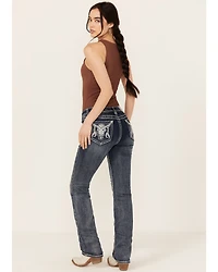 Grace LA Women's Medium Wash Sequin Cow Skull Mid Rise Bootcut Stretch Denim Jeans