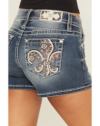 Miss Me Women's Medium Wash Mid Rise Fleur de Lis Bootcut Stretch Denim Shorts
