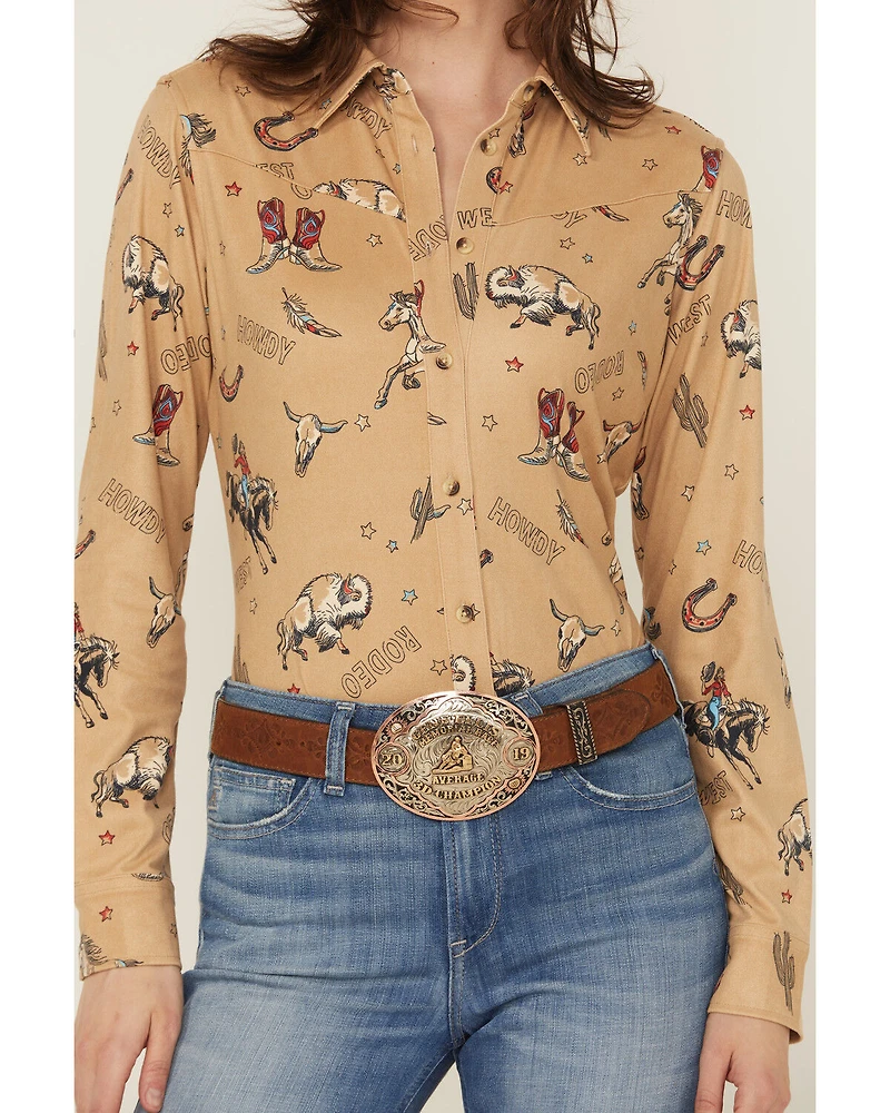 Shyanne Women's Conversational Western Print Faux Suede Long Sleeve Button-Down Shirt
