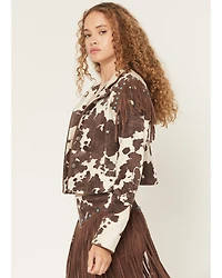 Shyanne Women's Porter Cow Print Faux Suede Embellished Fringe Moto Jacket