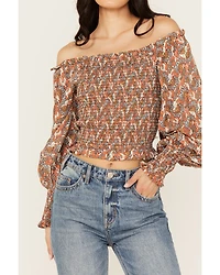 Rock & Roll Denim Women's Smocked Off The Shoulder Long Sleeve Top