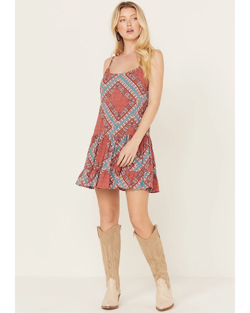 Rock & Roll Denim Women's Bandana Print Tiered Sleeveless Mini Dress