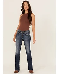 Miss Me Women's Dark Wash Mid Rise Paisley Pocket 32" Bootcut Stretch Denim Jeans