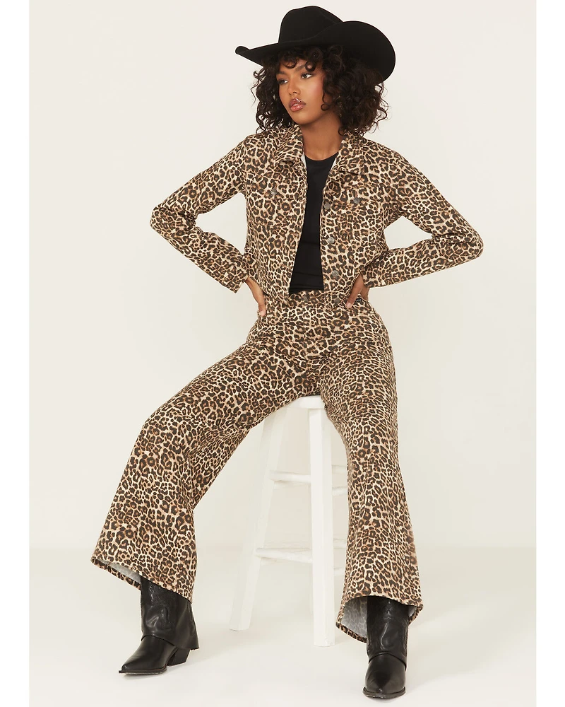 Cello Women's Leopard Print Oversized Cropped Denim Jacket