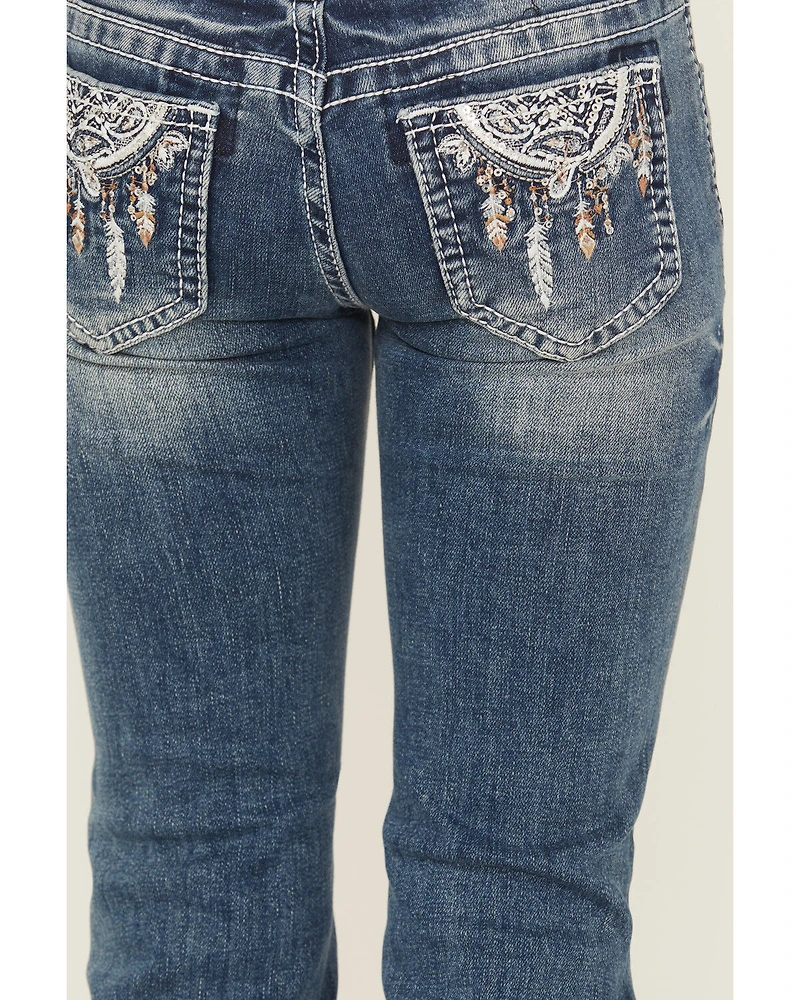 Grace LA Girls' Medium Wash Dreamcatcher Pocket Bootcut Denim Jeans