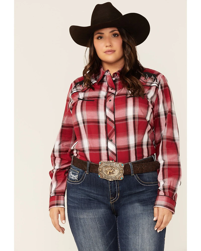 Roper Women's Plaid Print Bull Embroidered Yoke Long Sleeve Snap Western Core Shirt - Plus