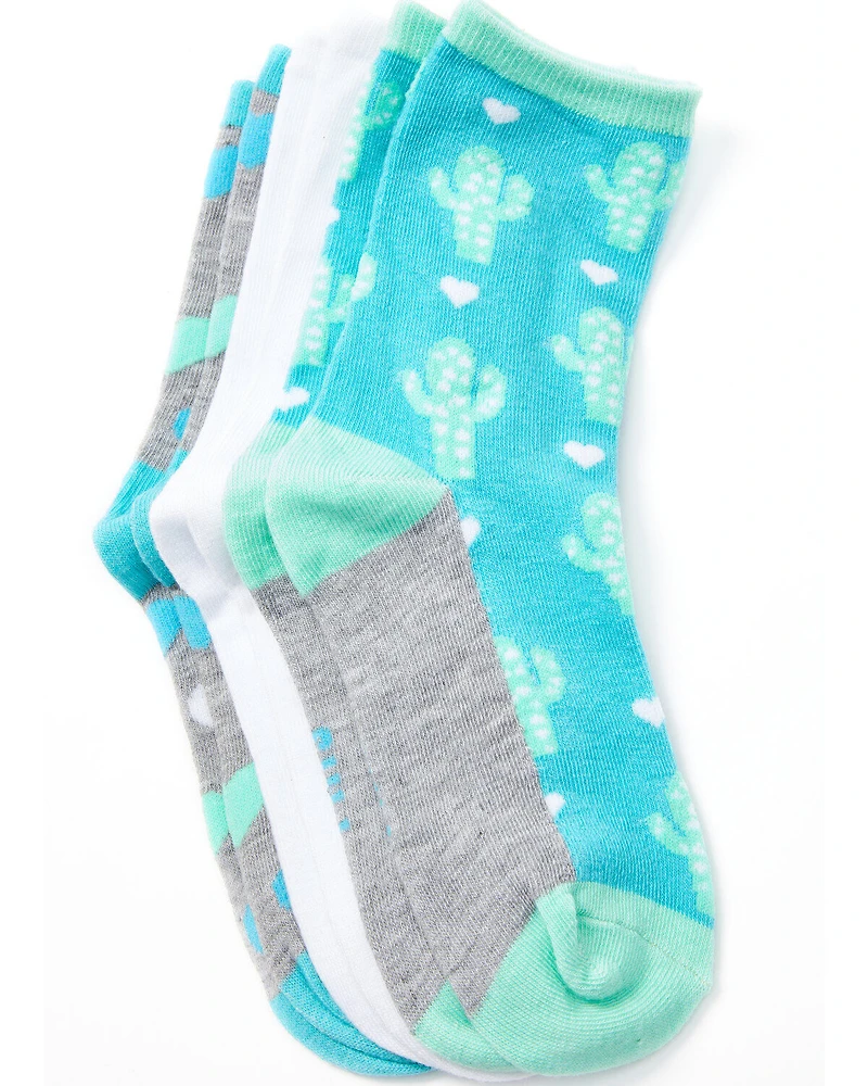 Leg Apparel Kids' 3-Pack Cactus & Hearts Crew Sock Set
