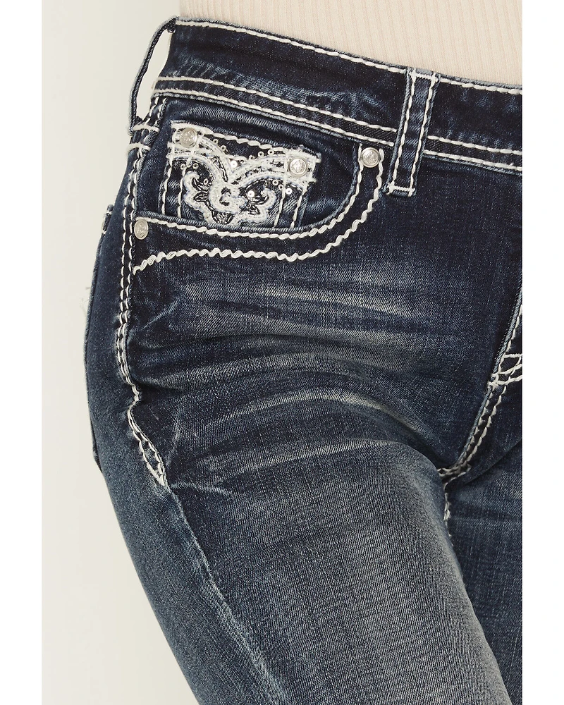 Grace LA Women's Medium Wash Mid Rise Embellished Bootcut Stretch Denim Jeans