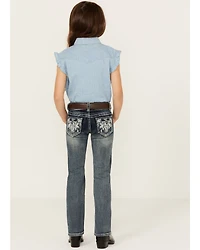 Grace LA Little Girls' Medium Wash Steer Head Pocket Stretch Bootcut Jeans