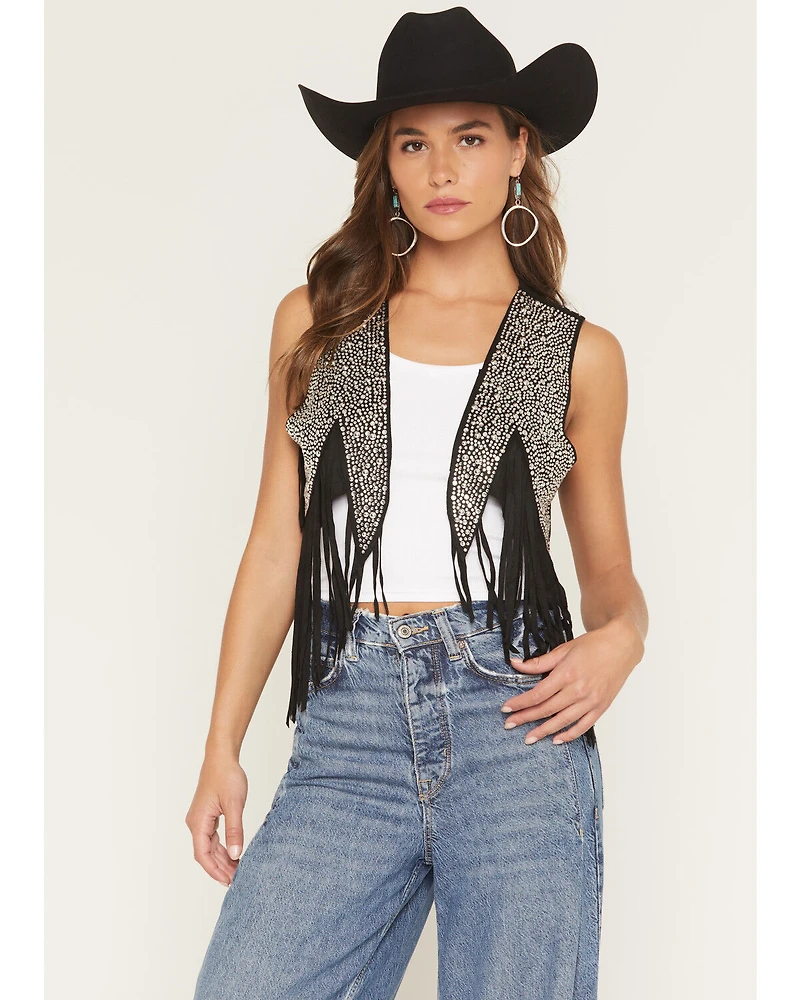 Vocal Women's Crystal Fringe Faux Suede Vest