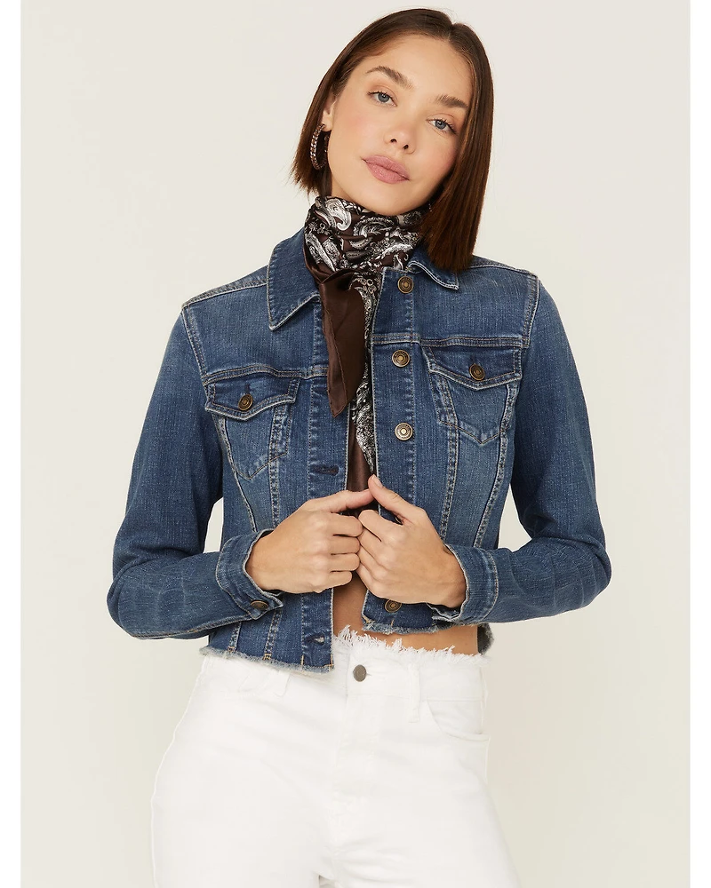 Shyanne Women's Medium Dark Wash Cropped Fray Denim Jacket