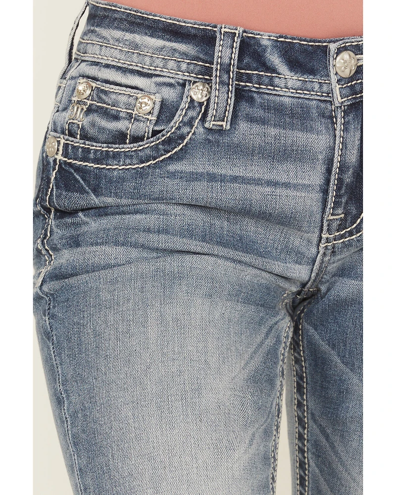 Miss Me Women's Dark Wash Mid Rise Floral Cross Pocket 32" Bootcut Stretch Denim Jeans