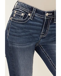 Miss Me Women's Dark Wash Mid Rise Winged Pocket 32" Bootcut Stretch Denim Jeans
